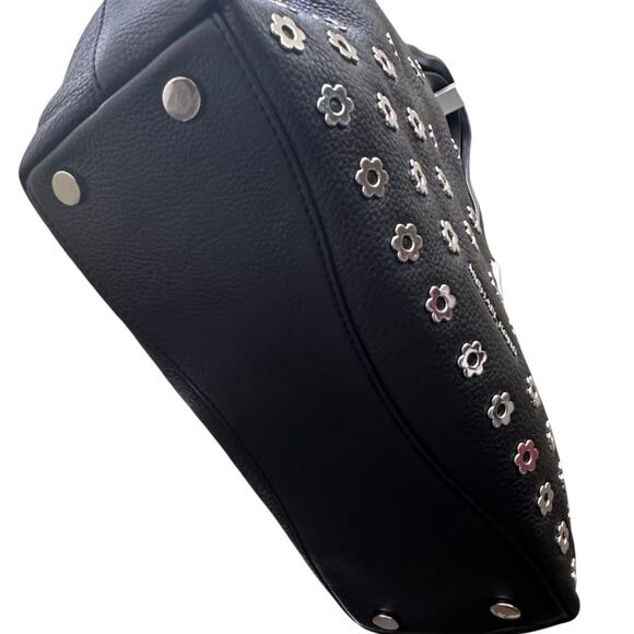 Michael Kors Black Leather Raven Silver Flower Stud Large Shoulder Tote Purse - Picture 14 of 16